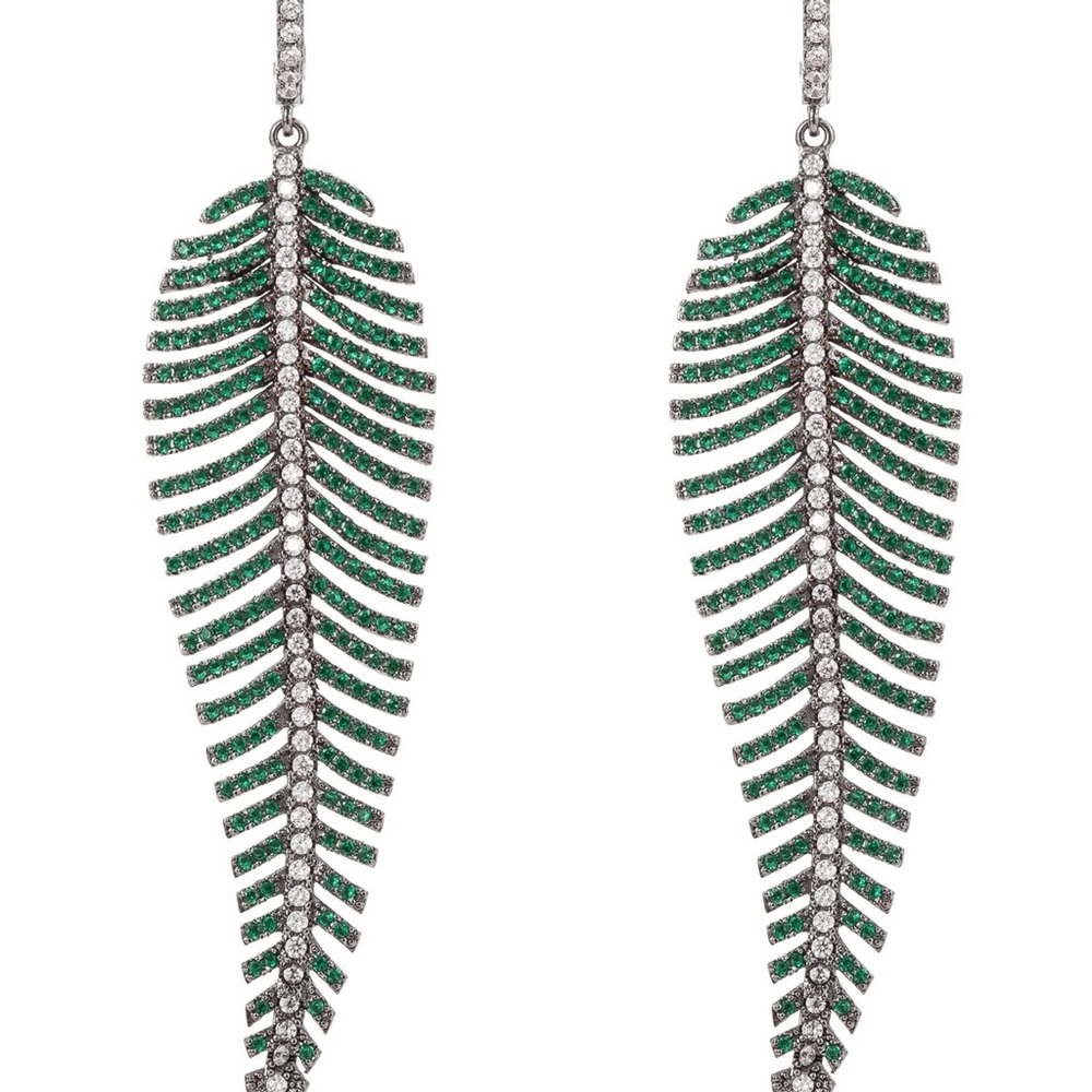 Eye Candy LA Green & Silver Leaf Chandelier Earrings Rhodium Plated CZ Stone